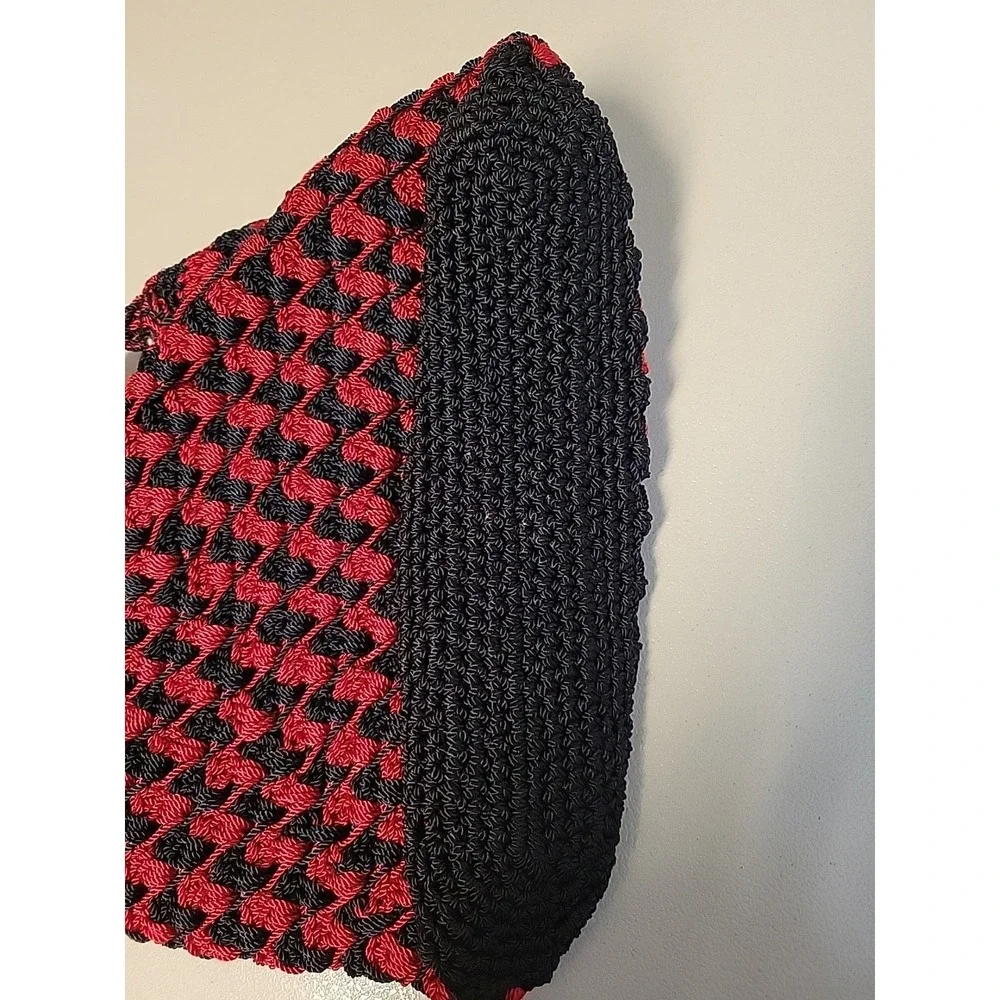 Handmade Limited Edition Crochet Tote Bag Red Black Boho Woven Cord